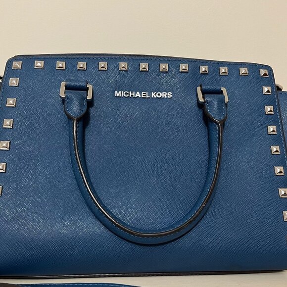 Michael Kors Selma Medium Studded Blue Saffiano Leather Crossbody Handbag - Picture 4 of 15